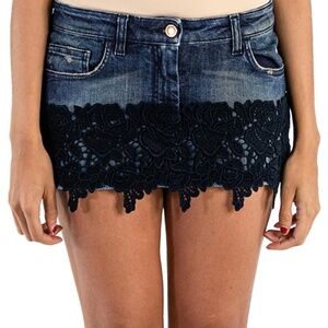 Dolce Gabbana Blue Cotton Denim Black Lace Trimmed  Mini Skirt size 38 Auth